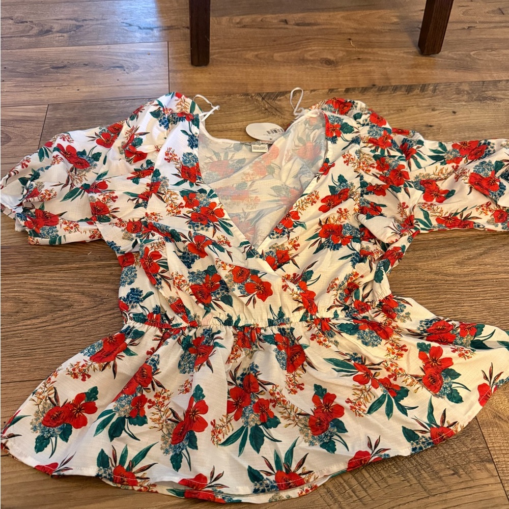 Floral Wrap Blouse - Red and Green